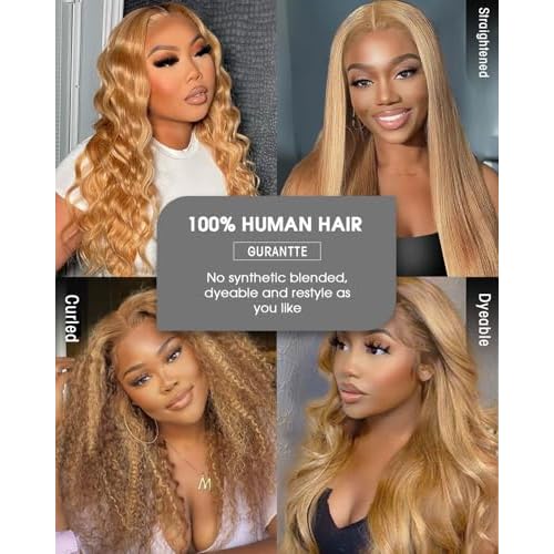 Honey Blonde Lace Front Wigs Human Hair 13x4 HD Transparent Lace Frontal Wigs Body Wave Colored 27 Honey Brown Wavy Wig Pre-Plucked Hairline 180% Density 24 inch