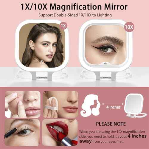 DESCHEN Rechargeable Travel Makeup Vanity Mirror with Lights and Magnification, Portable 1X/10X Magnifying Mirror with 3 Color Light, Lighted Makeup Mirror with Magnification, Folding LED Desk Mirror
