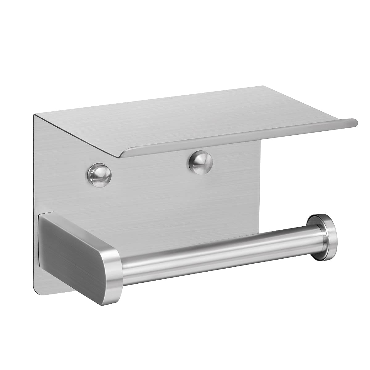 VAEHOLD Self Adhesive Toilet Paper Holder with Phone Shelf Stainless Steel Wall Mounted Toilet Paper Roll Holder - Rustproof and Bathroom Washroom Tissue Roll Holder with Storage Shelf - Silver
