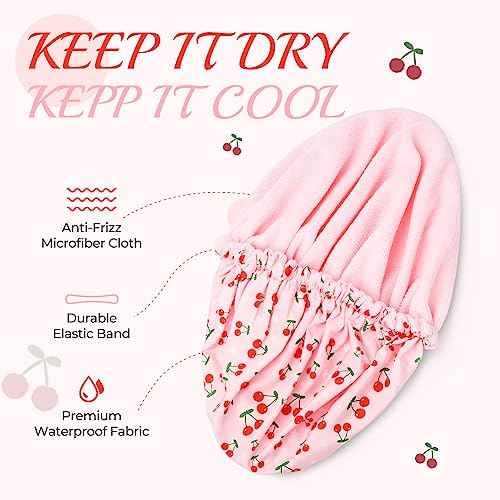 Shower Cap for Women Terry Lined Bath Cap Large Reusable Waterproof Elastic Band Pink Shower Caps for Long Thick Hair Soft Bath Shower Hair Caps