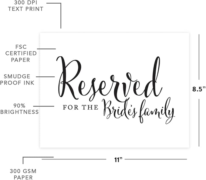 Andaz Press Wedding Party Signs, Formal Black and White, 8.5-inch x 11-inch, Reserved for the Bride's Family, 1-Pack