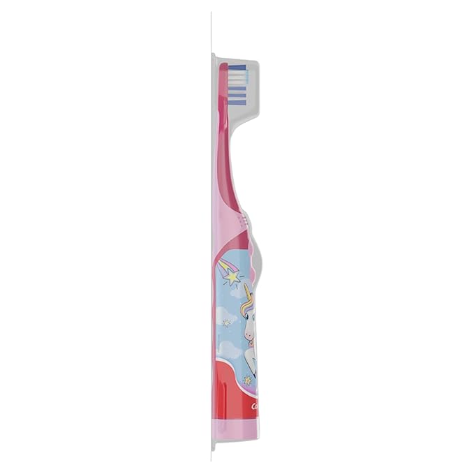 Colgate Kids Battery Powered Toothbrush, Kids Battery Toothbrush with Included AA Battery, Extra Soft Bristles, Flat-Laying Handle to Prevent Rolling, Unicorn Toothbrush, 1 Pack