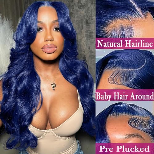 Dark Blue Lace Front Wigs Human Hair 13x6 Body Wave Lace Front Wig Colored Glueless Royal Blue Wigs Human Hair Pre Plucked with Baby Hair 200% Density 22 Inch