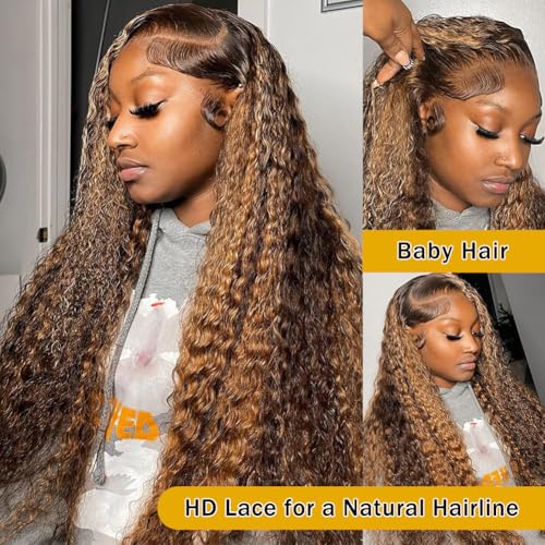 Honey Blonde Curly Wig Human Hair 13x4 HD Highlight Ombre 4/27 Deep Wave Lace Front Wigs Human Hair Pre Plucked 180% Density Glueless Colored Wigs for Women Wet and Wavy Lace Front Wigs 26 Inch