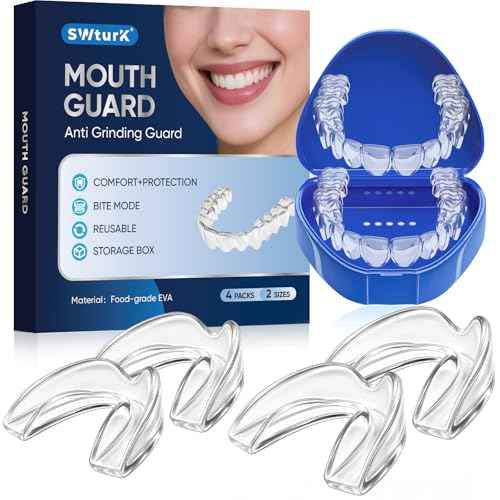 Mouth Guard for Clenching Teeth at Night, Mouth Guard for Grinding Teeth at Night, Comfortable & Reusable Adult Teeth Grinding Mouthguards for Sleeping, Includes 4pcs & 1 Travel Case