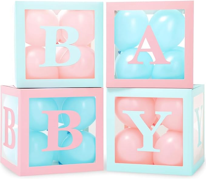 Baby Shower Boxes with Letters – Pink And Blue Boxes with Pink & Blue Balloons – 44-Piece Gender Reveal & Party Decoration Set by Vellax