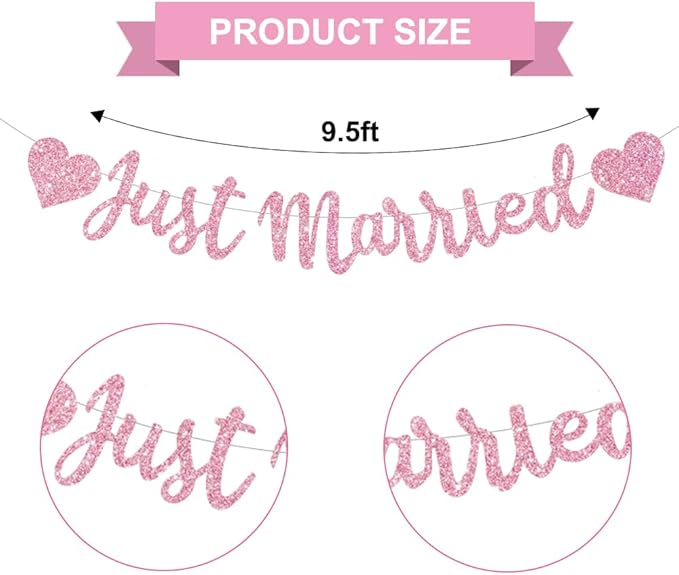 BEISHIDA Pink Just Married Banner - NO DIY, Glitter Wedding Party Banner,Just Married Signs, Bachelorette/Bridal Garland,Engagement Party Decor Supplies, Wedding Reception Party Decorations.