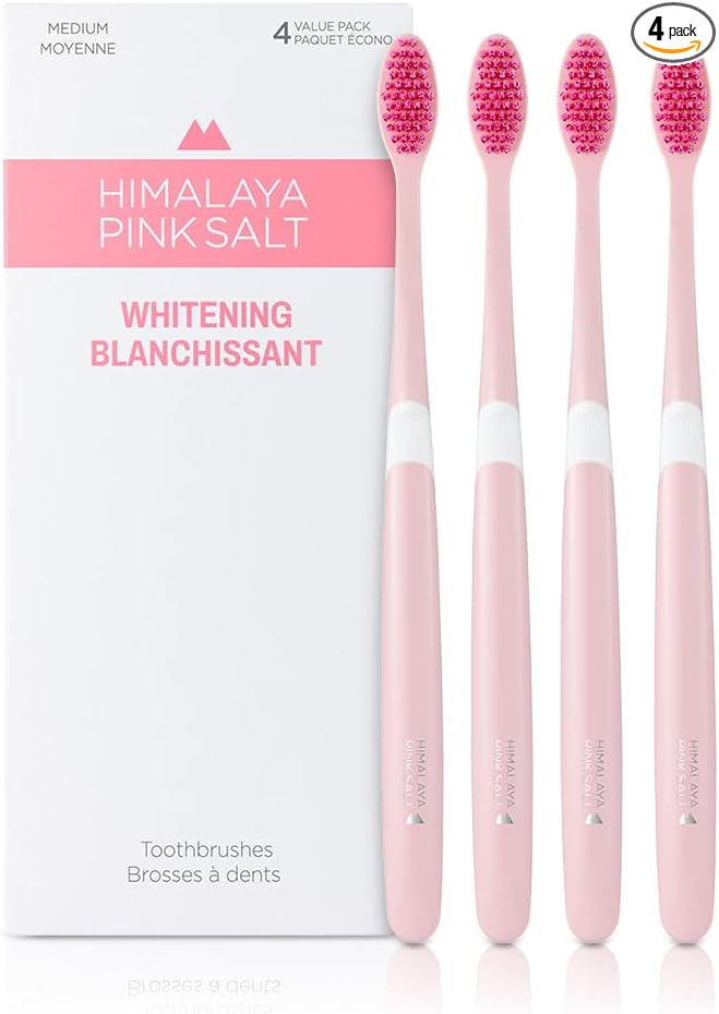 HIMALAYA PINKSALT Natural Toothbrush 4 Count - Medium Toothbrushes for Adults, Plaque Remover for Teeth, Tapered Bristles Gentle on Teeth and Gum, Deep Clean Toothbrush