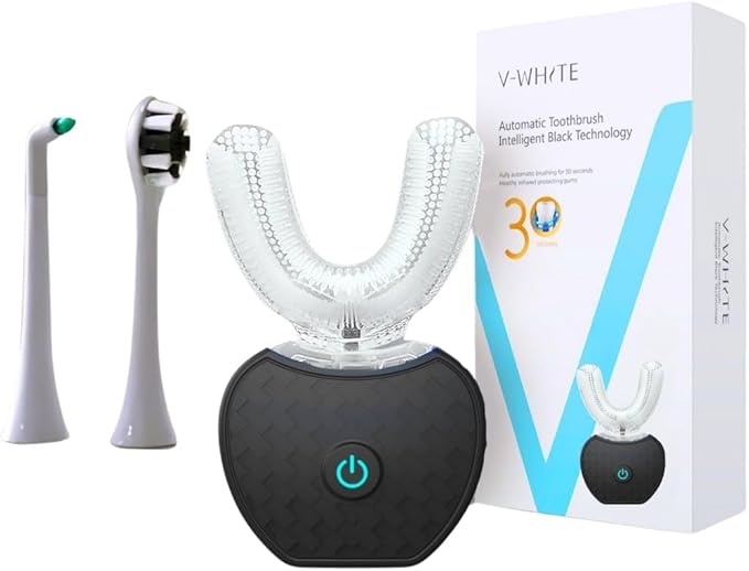 V-WHITE Ultrasonic U-Shaped Toothbrush for Teeth Whitening, Electric Toothbrush For Adults - 360° Mouth Cleansing, Hands Free Gums Protection - Wireless Charging & LED Light -Waterproof IPX7 Certified