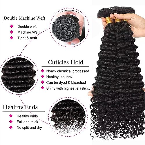 Human Hair Deep Wave Bundles with Closure 12 14 16+10 Inch Curly Weave Bundles Human Hair with 4x4 Lace Closure 12A Brazilian Remy Hair Pre Plucked with Baby hair Extensions for Black Women
