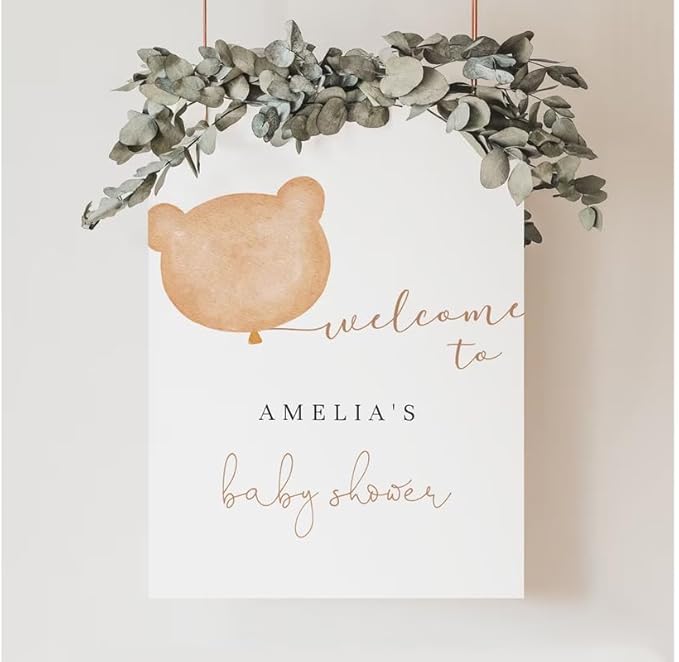 Bear Baby Shower Welcome Sign - Gender Neutral, Teddy Bears Picnic, Plastic, Editable, Pink Balloon