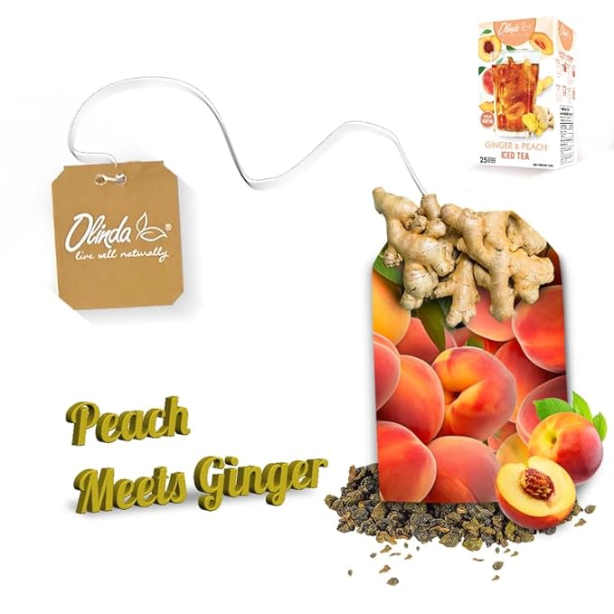 Olinda Herbal Ginger Peach Green Tea Organic Cold Brew & Hot Brew Bags Refreshing Fruity Antioxidant Drink