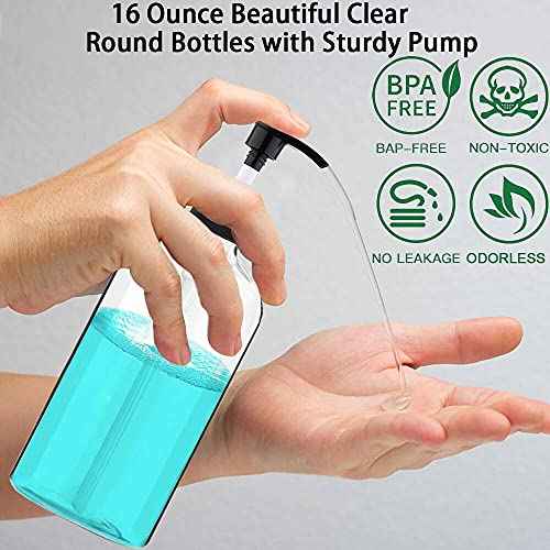 Empty Plastic Pump Bottles Dispenser 4 Pack 16oz/500ml Portable Clear BPA-Free Cylinder Shampoo Lotion Hand Pump Bottle Durable Refillable Containers