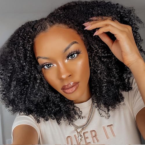V Part Wig Human Hair Afro Kinky Curly Wig No Leave Out Brazilian Human Hair Wig For Black Women Beginner Friendly 200% Density Upgrade U Part Kinky Curly Wigs 16Inch