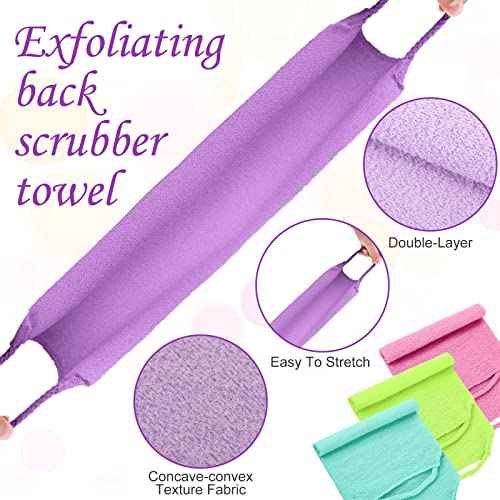 Moukeren Exfoliating Back Scrubber with Handles 4 Pack Nylon Back Exfoliator Extended Length Washers Scrubbers Stretchable Pull Strap Exfoliating Washcloth(Pink,Blue,Fluorescent Green,Purple)