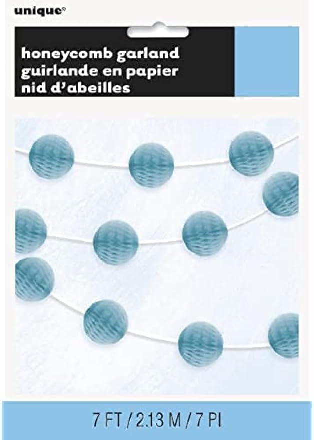 Powder Blue Honeycomb Ball Garland - 7 ft. - Elegant Paper Decor - Ideal for Bridal Showers, Birthdays, & Christmas Parties (1 Pc.)