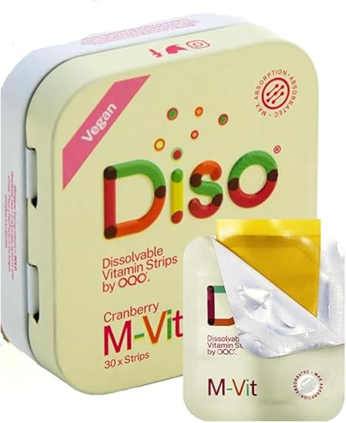 DISO - M-VIT - Fast-Dissolving Multivitamin Oral Strips, Cranberry Flavor, Vegan, Sugar Free, Gluten Free, Individually Wrapped, Maximum Absortption, 30 Dissolvable Strips