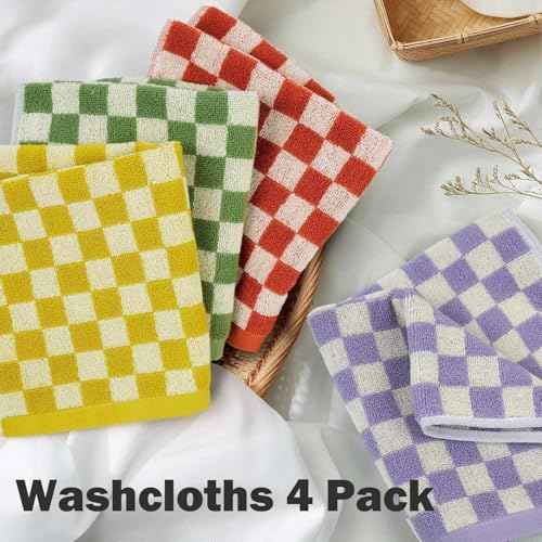 Jacquotha Wash Cloths Checkered 4 Pack 4 Colors - Cotton Washcloths for Face Body, 13 x 13 Inches Daily Cleansing Kitchen Towels
