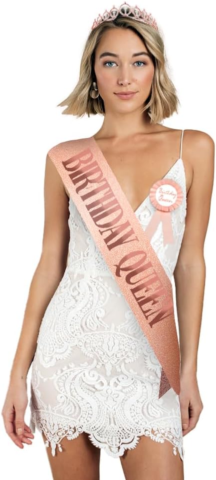 Birthday Decorations for Women – Includes Birthday Sash, Safety Pin, Tiara, Cake Topper, and Button – Queen Sash & Crown for Women and Girls MS4U (Gold Rose)