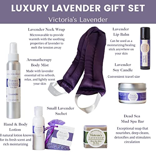 Victoria's Lavender Luxury Gift Basket for Women - Neck Wrap, Body Mist, Hand & Body Lotion, Lip Balm, Soy Candle, Mud Spa Bar & Lavender Sachet, Skin Care Sets, Made in USA Beauty Products For Women