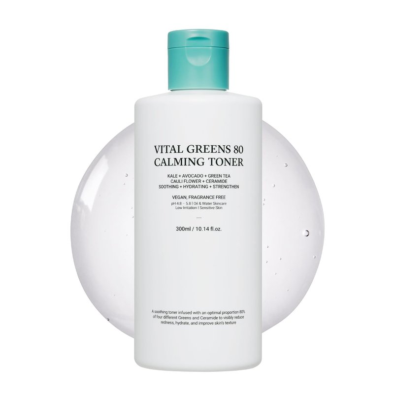 ASNO Vital Greens Calming Toner 300ml - Genderless Vegan Soothing Care for Acne, Pimple, Redness, Sensitive Skin, Superfood 80% + Ceramide, Hydrating Daily Facial Toner, Korean Skin Care
