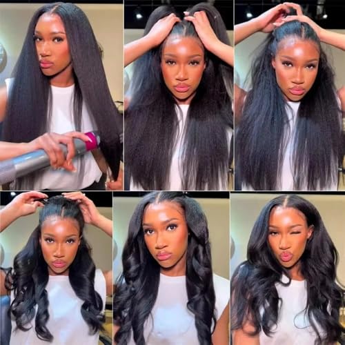 Kinky Straight Lace Front Wigs Human Hair Pre Plucked With Baby Hair 4x4 Transparent Yaki KinkyStraight Human Hair 180% Density Yaki Straight Lace Frontal Wigs for Women 20 Inch