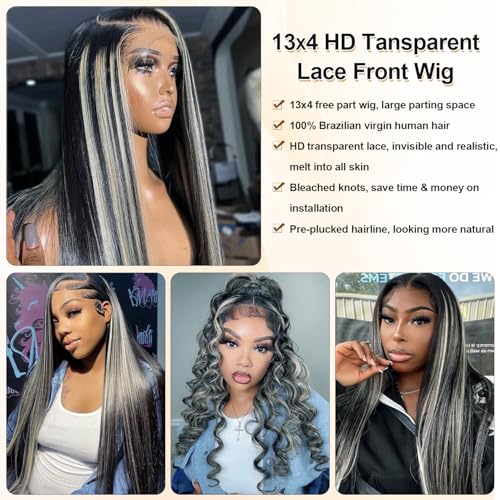 Black with Grey Highlights Wig Human Hair Lace Front Wigs for Black Women Pre Plucked with Baby Hair 180% Density 13x4 Balayage Wear and Go Glueless Wigs Human Hair Straight 16 Inch Tiny Knots