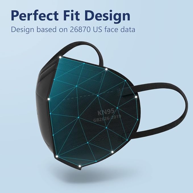 Funight KN95 Face Mask 5-Ply Breathable Filter Efficiency≥95% Protective Cup Dust Disposable Masks Against PM2.5 Black 100 Pack
