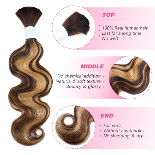 Body Wave Curly 4/27 Human Braiding Hair 100g One Bundle/Pack Bulk Human Hair for Braiding No Weft Human Hair for Boho Braids (24 inch, Body Wave 4/27)