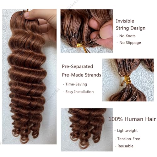 Deep Wave Crochet Human Hair Extensions Brazilian Virgin Feather Human Hair Bundles Pre Separated Braiding Hair Pre Looped for Boho Braids For Black Women Walnut Hair #30 Hair Color 16inch 60g
