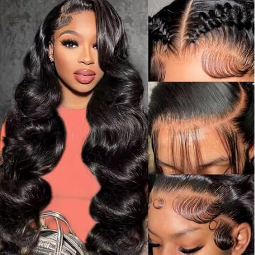 Body Wave Lace Front Wigs Human Hair 13x4 HD Lace Frontal Body Wave Human Hair Wig for Women 180% Density Brazilian Virgin Hair Pre Plucked Glueless Body Wave Wig Natural Black 28inch