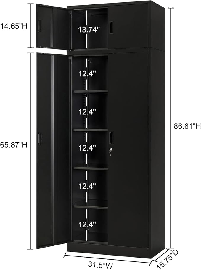 BESFUR Metal Storage Cabinet 87" H，Black Locking Storage Cabinets with Top Cabinet and 4 Adjustable Shelves for Home Office, Garage,School, Apartment, Warehouse, Utility Room