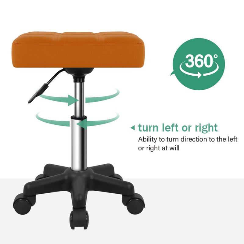 FURWOO Square Swivel Rolling Stool with Wheels PU Leather Height Adjustable Chair for Spa Salon Massage Pale Brown