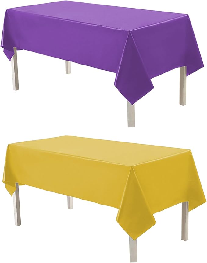 Plastic Tablecloths,Disposable Tablecovers,Baby Shower Party Tablecovers,Table Cloths for Picnic Birthday Wedding Parties 8 ft Rectangle Table Use,54 x 108 Inches,2 Pack,Purple,Yellow.