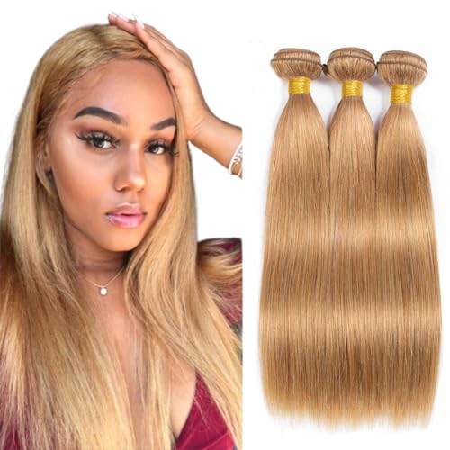 Color #27 Bundle Honey Blonde Straight Human Hair Bundles Brazilian Grade 8A Virgin Hair Extensions 24 24 24 Inch Double Weft 27 Straight Hair Weave