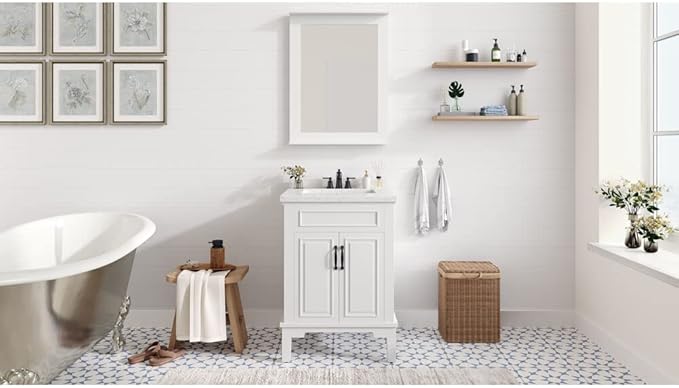 Hanover Lanesboro 24'' Vanity Cabinet with Sink Combo for Bathroom, Powder Room | Pre-Assembled Cabinet | 2 Doors | Accent Mirror | Artificial Stone Countertop, White Cabinet | HANVN0105-24-0WH