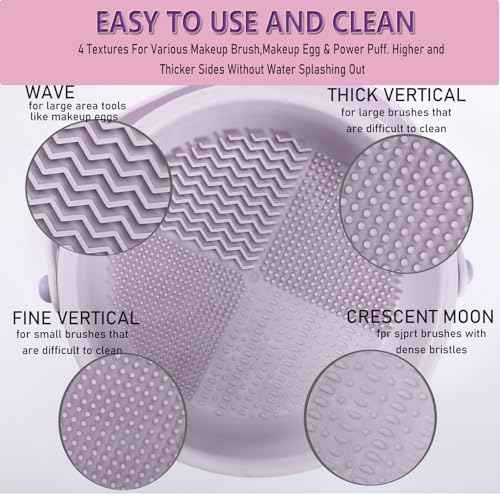 3 in 1 Brush Cleaning Mat with Brush Drying Holder, Silicone Makeup Brush Cleaner Mat Make Up Brush Cleaning Bowl Cosmetic Brush Washing Tool for Makeup Brush, Sponge, Powder Puff (Purple)