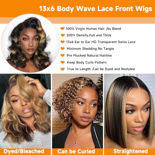 Bob Wig Human Hair 13x6 Balayage Highlight Body Wave HD Lace Front Wigs Human Hair Pre Plucked 200% Density Colored 1B/27 Ombre Honey Blonde Frontal Lace Wig 14 Inch Glueless Short Bob Wigs for Women