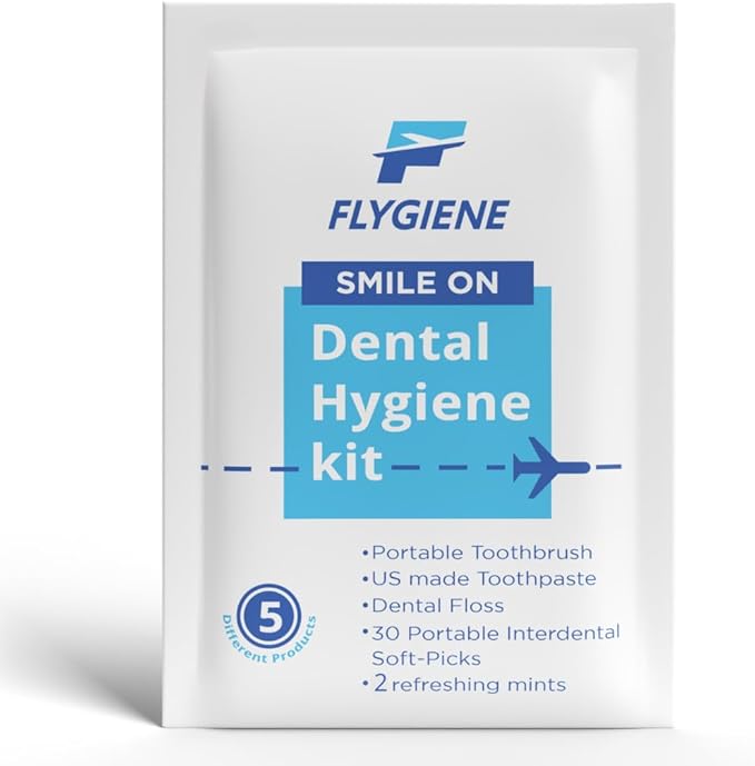 FLYGINE Smile On – Complete Dental Travel Kit – Includes Travel Toothbrush, Toothpaste, Floss, Interdental Picks & Mints – TSA-Approved Oral Care Kit in a Durable, Reusable Case with Zipper Closure