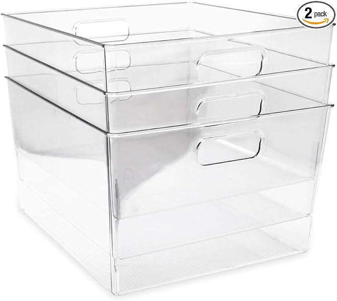 Amyup Set Of 2 Plastic Storage bins,  13.6x9.5x5.7''Versatile Kitchen Pantry Organization and Storage,for Plastic Storage Container Under Bed,Under Sink Bathroom Organizer (Clear, 2 Pack Large