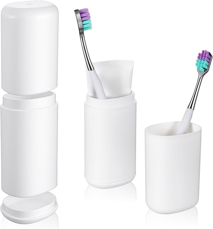 Toothbrush Travel Case Portable Toothbrush Holder with Mouthwash Cup Compact Toothbrushes and Toothpaste Container for Traveling Camping Business Trips Large Capacity White Toothbrushes Holders