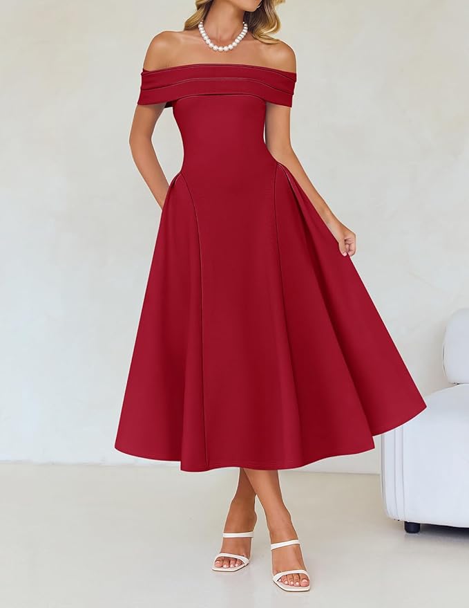 ZESICA Summer 2026 Cocktail Dresses for Women's Off Shoulder Short Sleeve Swing A Line Wedding Evening Party Midi Dress