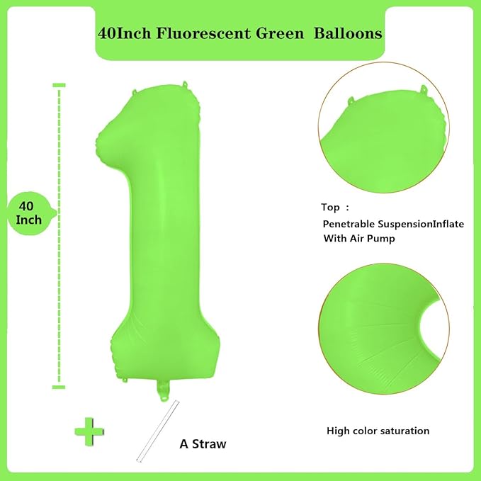 Fluorescent Green Number Balloon 40 inch Giant Foil Helium Balloons Green Number 1 Balloon for 1st Birthday Party Decorations