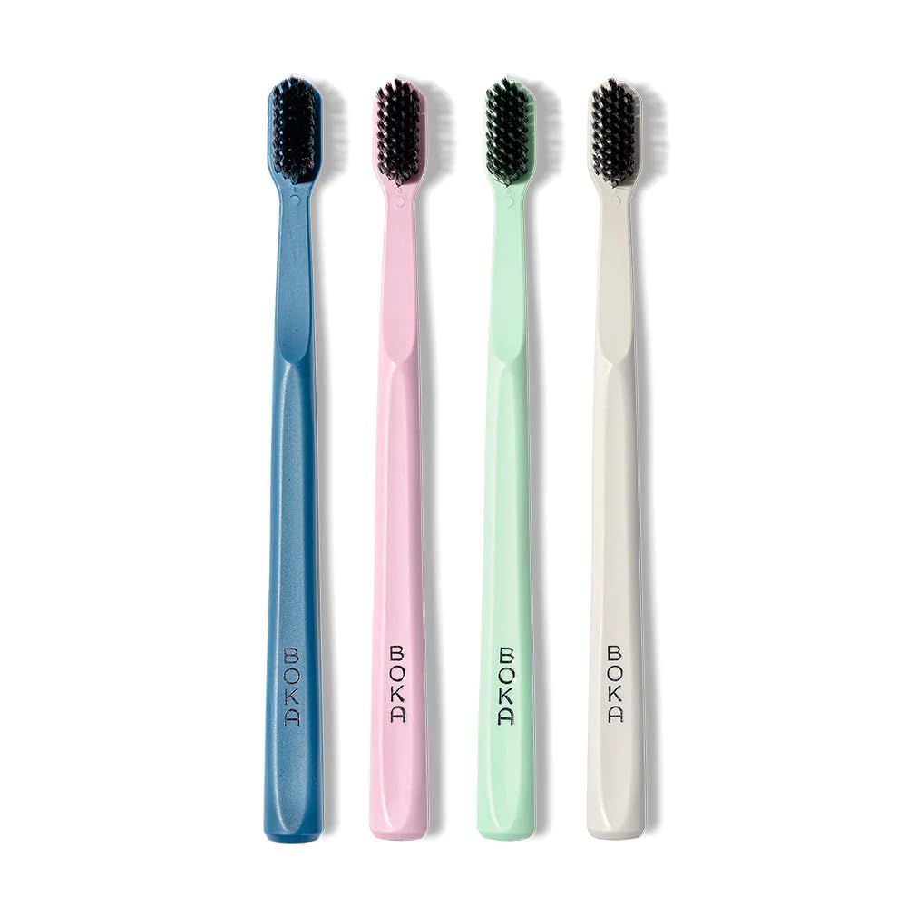 Boka Classic Manual Toothbrush with Extra Soft Activated-Charcoal, Tapered Bristles, Bioplastic Handle that Includes Travel Cap, Dentist-Approved, Great for Adults and Kids, Multi Color (Pack of 4)