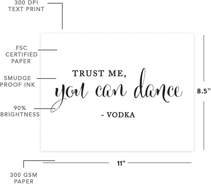 Andaz Press Wedding Party Signs, Formal Black and White, 8.5-inch x 11-inch, Trust Me, You Can Dance - Vodka, 1-Pack