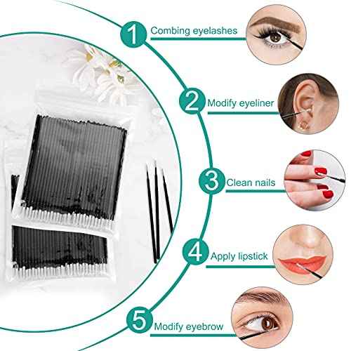 200PCS Micro Applicators Brushes Mini Cotton Swabs Remove Grafted Eyelash Glue Dedicated Brush Disposable Microswabs for Eyelash Extensions Make up and Lash Clean and Personal Care (Black 1)