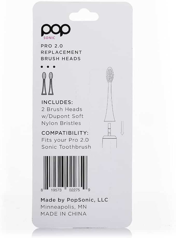 Pop Sonic Replacement Toothbrush Heads (Pack of 2) - Toothbrush Head w/Super Soft Dupont Tynex Nylon Bristles (Pro 2.0 Sonic)