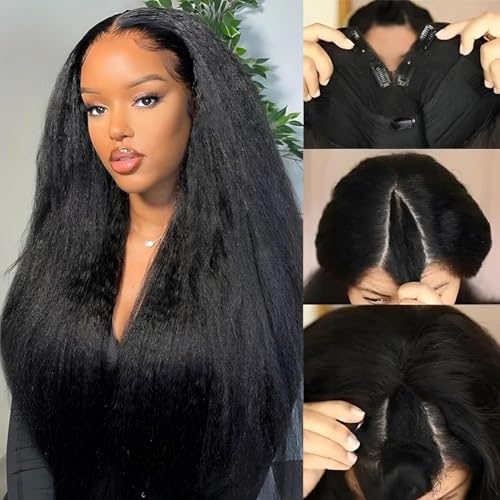 V Part Wig Human Hair Kinky Straight 20 Inch Vpart Human Hair Wig Upgrade U Part Wig Yaki Straight Clip in Half Wigs for Black Women Glueless No Leave Out 180% Density Natural Color