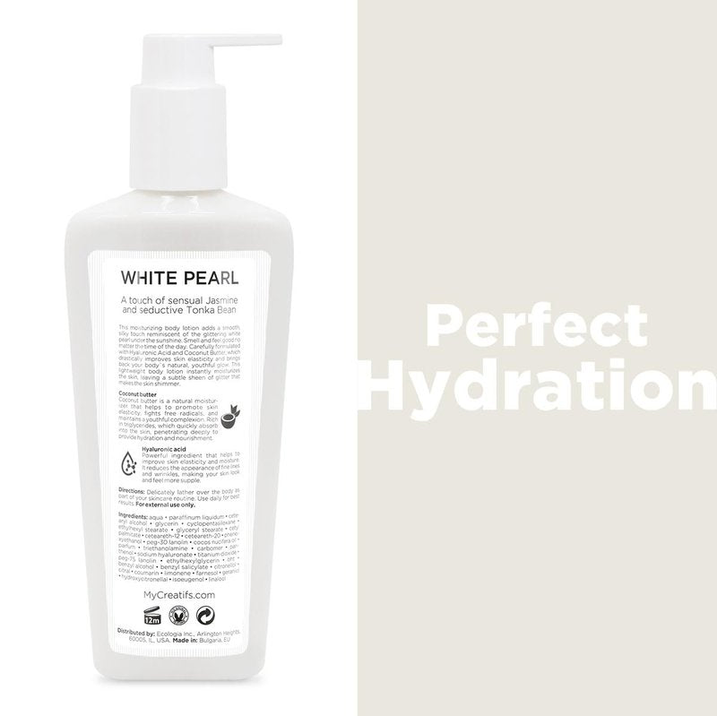Cosmétiques Créatifs White Pearl Moisturizing Shimmering Body Lotion with Coconut Butter and Hyaluronic Acid, 8.5 fl. oz.