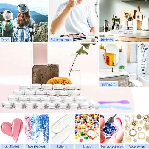 MotBach 100 Pack 5g Plastic Jars with Lids, 5ml Round Clear Cosmetic Containers Makeup Jars, 5gram Travel Size Container Jar with Spatulas for Makeup Sample Lotion Cream Ointment Salve Balm Powder